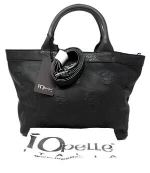 IO PELLE Skull Embossed Blck Leather Handbag Tote Bag Purse Crossbody *Smaller”